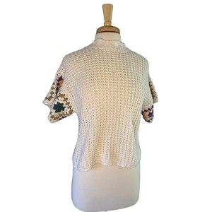 UNIVERSAL THREAD White CROCHET Granny Squares SHORT SLEEVE Pullover SWEATER Sz M